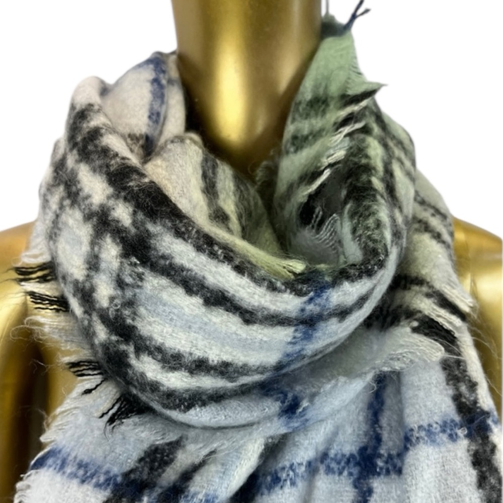 Lord & Taylor Blue Plaid Blanket Scarf -Soft Acrylic Fringed Edge Oversized Wrap